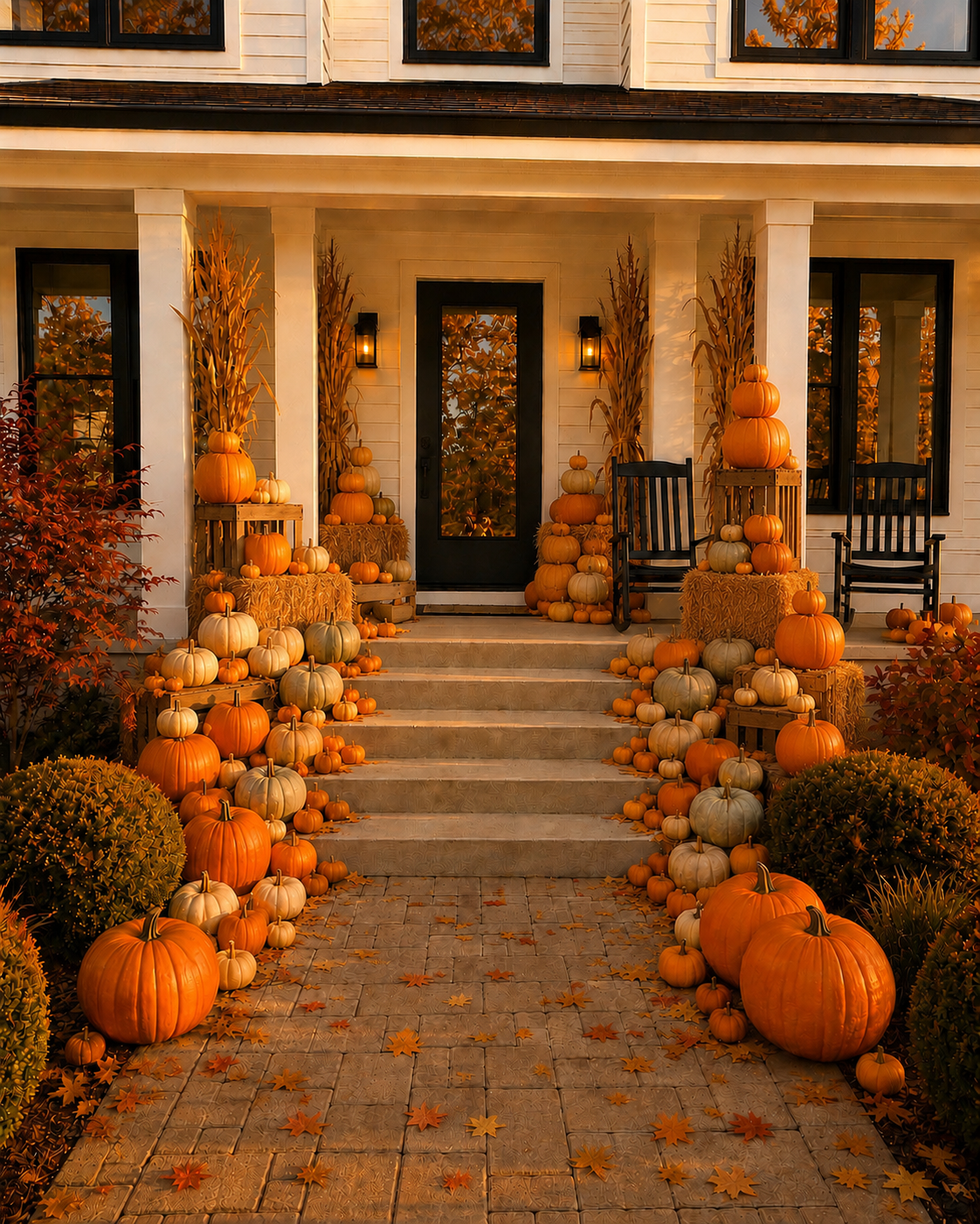 The Grand Harvest porch after decorating