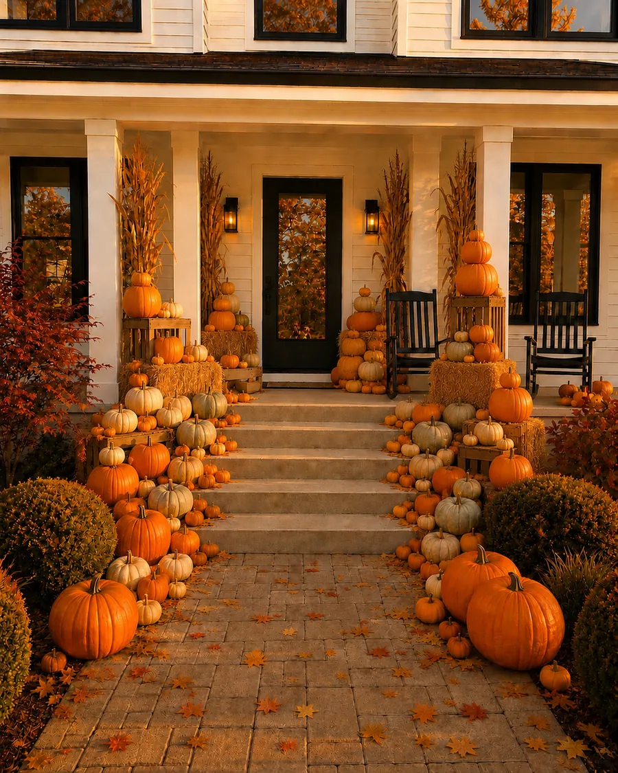 The Grand Harvest porch after decorating